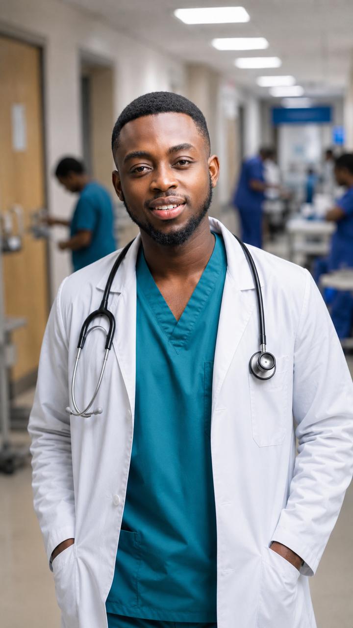 Ghanaian medical student in a lab coat holding a tablet